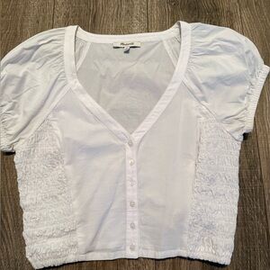 Madewell White Button-Front Smocked Short Sleeve Top